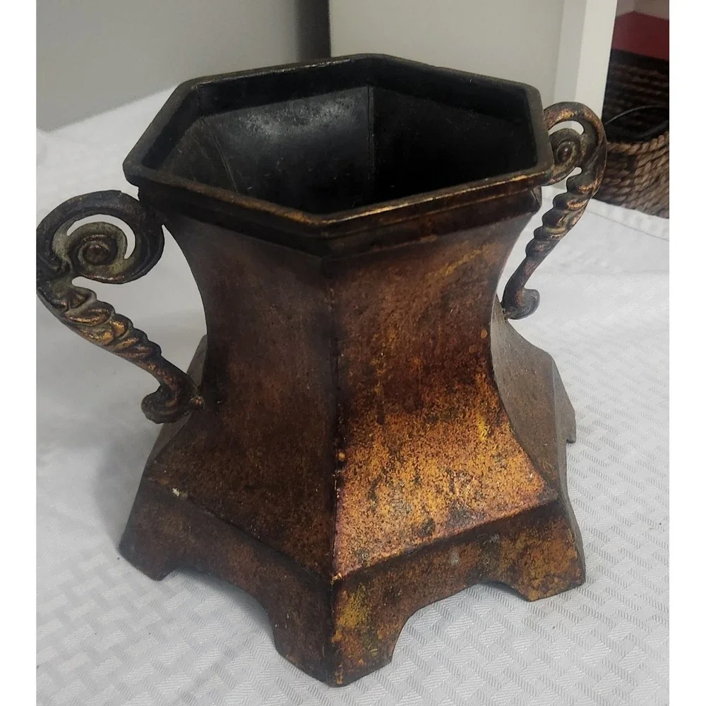 Rustic Decorative Metal Vase / Urn with Scroll Handles – Farmhouse Home Décor